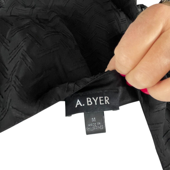 A. Byer Black Cocktail Midi Dress 3/4 Sleeve Sheer Lined Gold Belt Slimming Goth - Picture 6 of 6